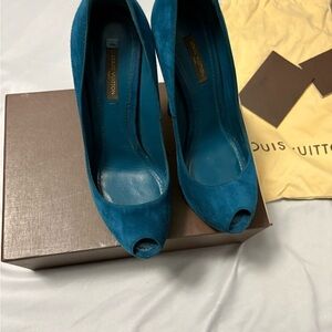 Louis Vuitton Teal Suede Peep-Toe Heels